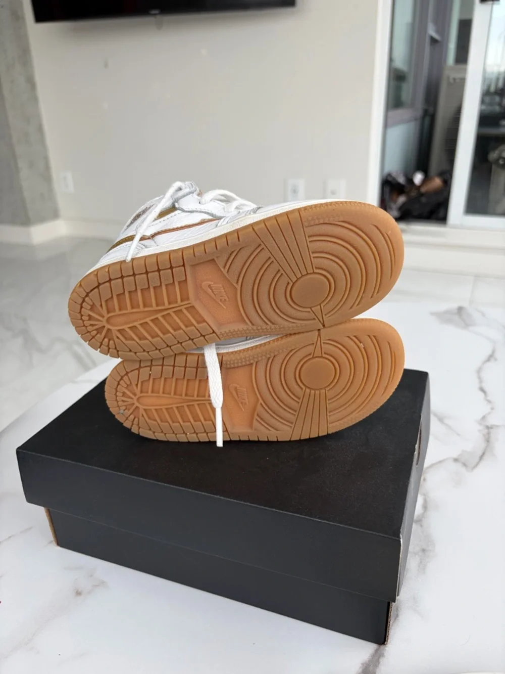 Nike Kids White and Tan High-Top Sneakers with Gold Logo Accent - Picture 5 of 5